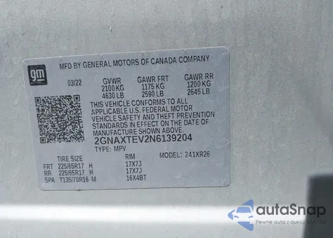 2022 Chevrolet Equinox Awd 2Fl z USA, uszkodzony, nr VIN 2GNAXTEV2N6139204